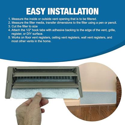 Air Vent Filters Kit, 120"X 10" Cut to Fit Vent Filters for Home and Business. Electrostatically Charged Air Filter Material & 1/2 Adhesive Coins Engineered for use in HVAC, AC & Heating.