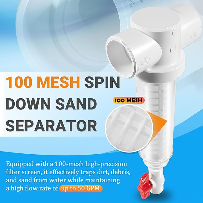 100 Mesh Spin Down Sand Separator/Sediment Water Filter System, 1.5 Inch PVC Slip Inlet/Outlet, 50 GPM, Replacement for Rusco Vu-Flow Spin-Down Filter