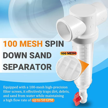 100 Mesh Spin Down Sand Separator/Sediment Water Filter System, 1.5 Inch PVC Slip Inlet/Outlet, 50 GPM, Replacement for Rusco Vu-Flow Spin-Down Filter