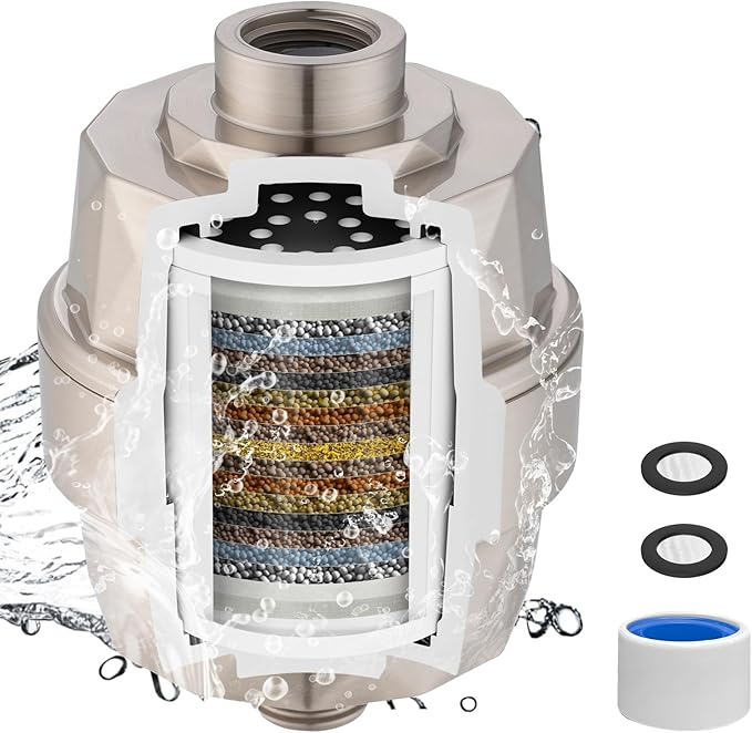 Hibbent Upgraded High Output Shower Filter for Hard Water, 20 Stage Showerhead Filter with Vitamin C, Removes Chlorine and Fluoride, Reduces Dry Itchy Skin, Eczema, and Dandruff, Brushed Nickel