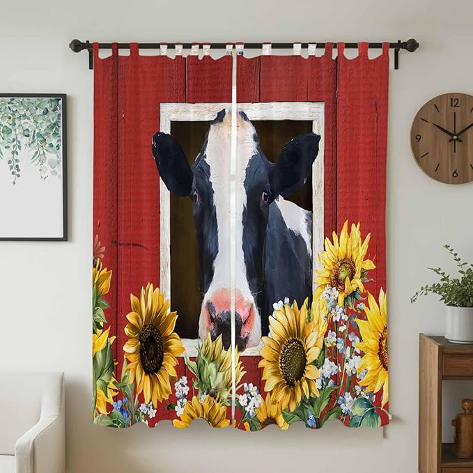 Cow Sunflowers Living Room Curtains 84 Inch Length, Window Curtains Tab Top, Botanical Floral Leaves Bees Farm Barn Light Filtering Window Treatments Drapes 52"x84" 2 Panel