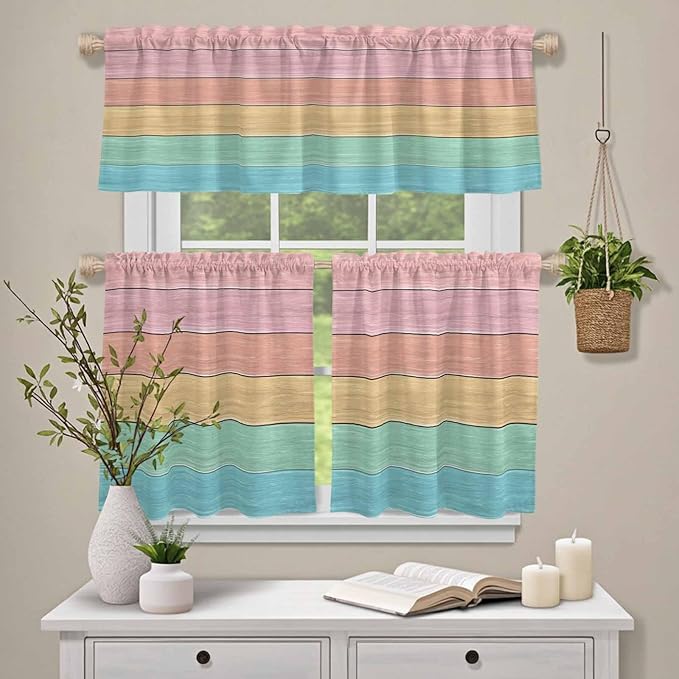 Kitchen Window Curtains Valance and Tier Set, Farm Colorful Wooden Plank Rod Pocket Tier Curtain Valance Set, Rustic Wood Grain Barn Light Filtering Cafe Curtains for Bedroom Living Room