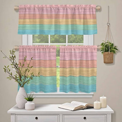 Kitchen Window Curtains Valance and Tier Set, Farm Colorful Wooden Plank Rod Pocket Tier Curtain Valance Set, Rustic Wood Grain Barn Light Filtering Cafe Curtains for Bedroom Living Room