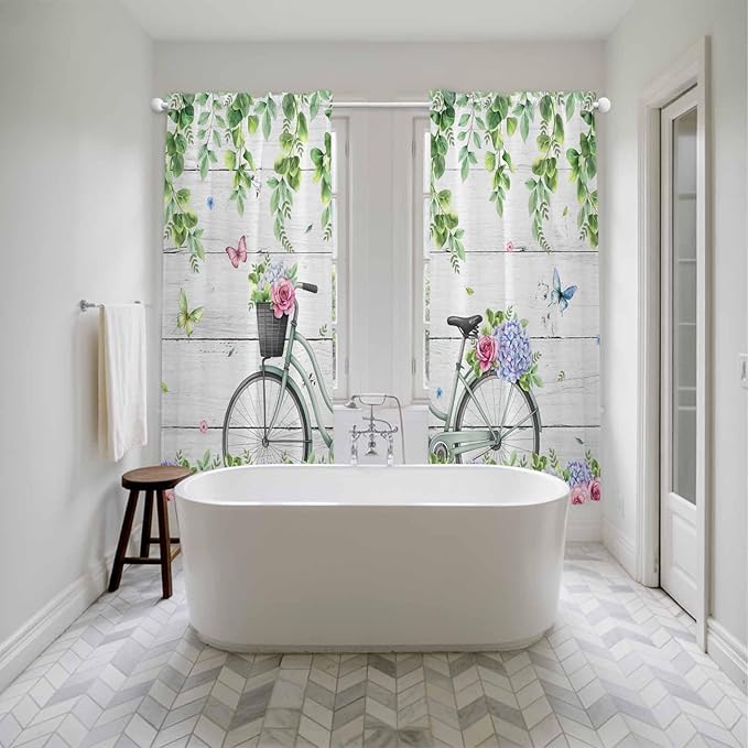 Spring Kitchen Curtains, Bicycles Botanical Rose Leaves Butterfly Wood Grain Light Filtering Window Curtain Panels, 2Pcs Rod Pocket Window Treatments Set for Living Room Bathroom Bedroom 52x72 Inches