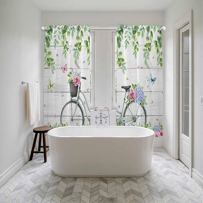 Spring Kitchen Curtains, Bicycles Botanical Rose Leaves Butterfly Wood Grain Light Filtering Window Curtain Panels, 2Pcs Rod Pocket Window Treatments Set for Living Room Bathroom Bedroom 52x72 Inches