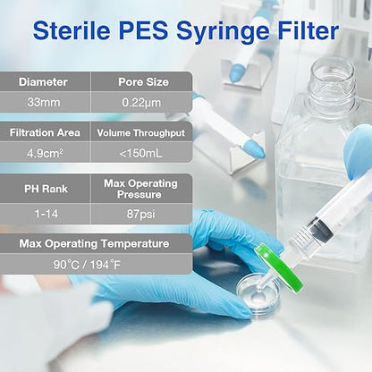 SimPure 100 Pack Sterile Syringe Filter PES, 0.22um Pore Size, 33mm Membrane Diameter, Hydrophilic Filtration High Throughput Sterile Packed Individually