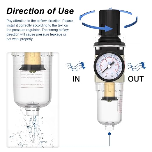 AIRZOE 1/4"NPT Air Filter Regulator Combo Piggyback,5 Micron Brass Element, Manual Drain,Air Pressure Regulator AW2000-02,0-150 psi Gauge