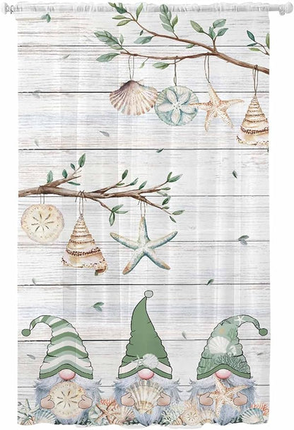 Sheer Curtains 96 Inches Long, Sage Green Gnomes Semi Sheer Curtains Light Filtering Window Treatment, Eucalypus Coastal Anchor Retro Wood Privacy Voile Drapes for Living Room Bedroom 52x96 Inch
