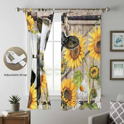 Retro Farmhouse Flower Living Room Curtains 96 Inch Length, Window Curtains Tab Top, Yellow Sunflowers Cow Barn Doors Brown Light Filtering Window Treatments Drapes 52"x96" 2 Panel