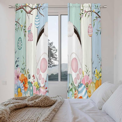 Easter Window Curtains 72 Inch Long 2 Panel Set,Rod Pocket Long Curtains & Drapes,Spring Watercolor Bunny Eggs Wood Grain Teal Blue Light Filtering Window Treatment for Bedroom Living Room 52"W x 72"L