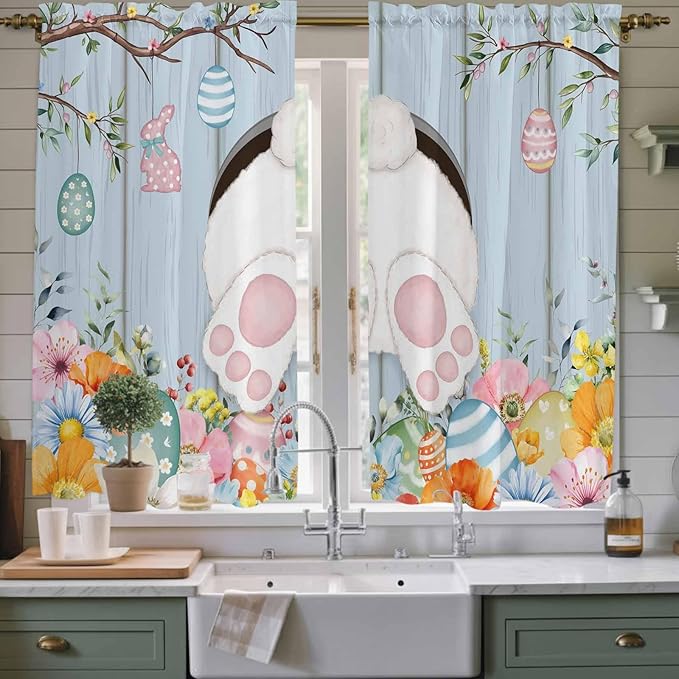 Easter Window Curtains 63 Inch Long 2 Panel Set, Rod Pocket Bedroom Curtains & Drapes, Spring Watercolor Bunny Eggs Flower Wood Grain Blue Light Filtering Window Treatment for Living Room 42"W x 63"L
