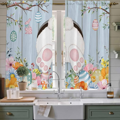 Easter Window Curtains 63 Inch Long 2 Panel Set, Rod Pocket Bedroom Curtains & Drapes, Spring Watercolor Bunny Eggs Flower Wood Grain Blue Light Filtering Window Treatment for Living Room 42"W x 63"L