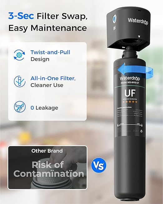 Waterdrop 15UA-UF 0.01 μm Ultra Filtration Under Sink Water Filter System, 2 Years, Reduces Lead, Chlorine, Bad Taste & Odor, Direct Connect to Kitchen Faucet, USA Tech