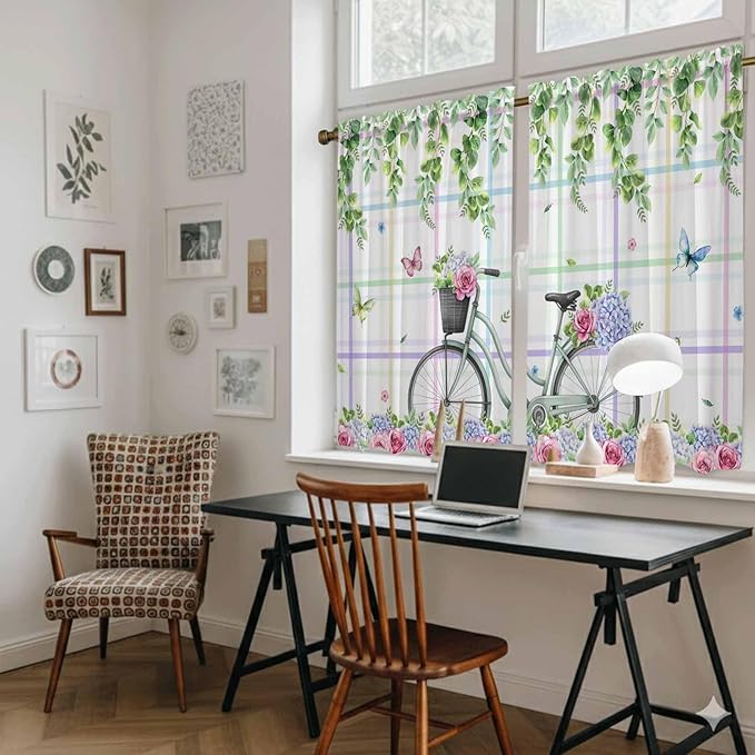 Spring Kitchen Curtains, Bicycles Botanical Leaves Rose Colorful Stripes Light Filtering Window Curtain Panels, 2Pcs Rod Pocket Window Treatments Set for Study Room Bathroom Bedroom 52x54 Inches