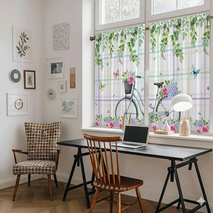 Spring Kitchen Curtains, Bicycles Botanical Leaves Rose Colorful Stripes Light Filtering Window Curtain Panels, 2Pcs Rod Pocket Window Treatments Set for RV Dining Room Study Room 42x54 Inches