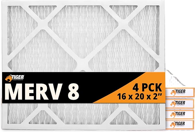 Tiger Tough 16x20x2 Air Filter MERV 8 MPR 600-800, High-Performance Pleated HVAC AC Furnace Filter Replacement for Home, 4-Pack