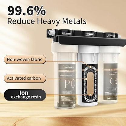Water Filter for Sink with Faucet, 3-Stage Deep Filtration, Reduce Heavy Metals/Chlorine/PFAS/Odor/Sediment, NSF/ANSI 42&53 Improve Taste, Life Indication Mineral pH+ Under Sink Water Filter