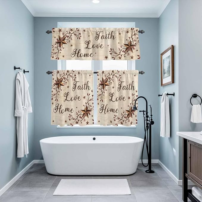 Kitchen Curtains Tiers and Valance Set of 3, Brown Farmhouse Light Filtering Window Curtain Set, Retro Country Stars Rustic Branches Berry Rod Pocket Curtain Drapes for Living Room, 24 Inches Tiers