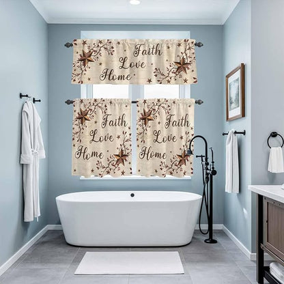Kitchen Curtains Tiers and Valance Set of 3, Brown Farmhouse Light Filtering Window Curtain Set, Retro Country Stars Rustic Branches Berry Rod Pocket Curtain Drapes for Living Room, 24 Inches Tiers