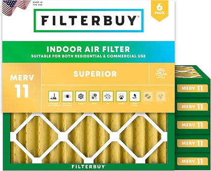 Filterbuy 25x25x2 Air Filter MERV 11 Superior Pet & Allergy Defense (6-Pack), Electrostatic Pleated HVAC AC Furnace Filters Replacement, Made in USA (Actual Size: 24.50 x 24.50 x 1.75)