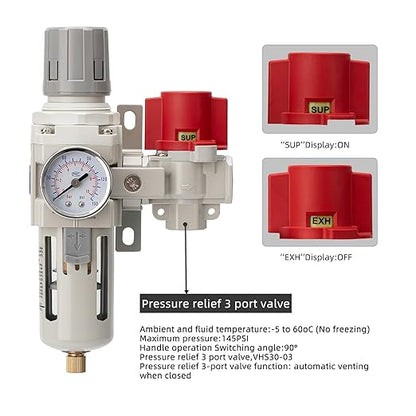 Industrial Air Compressor Filter Regulator Combo 3/8" NPT 0-150 PSI Gauge,Semi-Auto Drain,Pressure relief 3 port valve,5 Micron Water Separator for Pneumatic Tools
