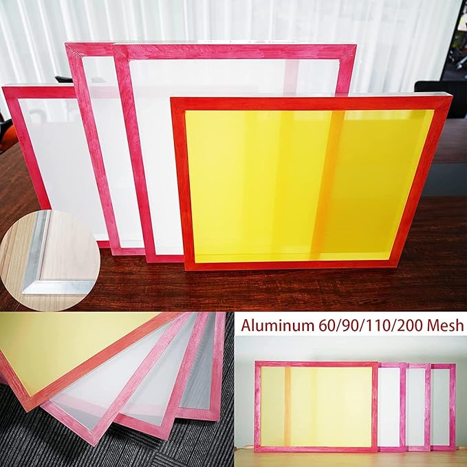 Aluminum Screen Printing Screens, 20 x 24 Inch Pre-Stretched Silk Screen Frames, Dry Sift Screen Set, Polyester mesh Screen, 60 90 110 200 Mesh, Micron Equiv 250 165 149 75 (4pack), 3 White 1 Yellow