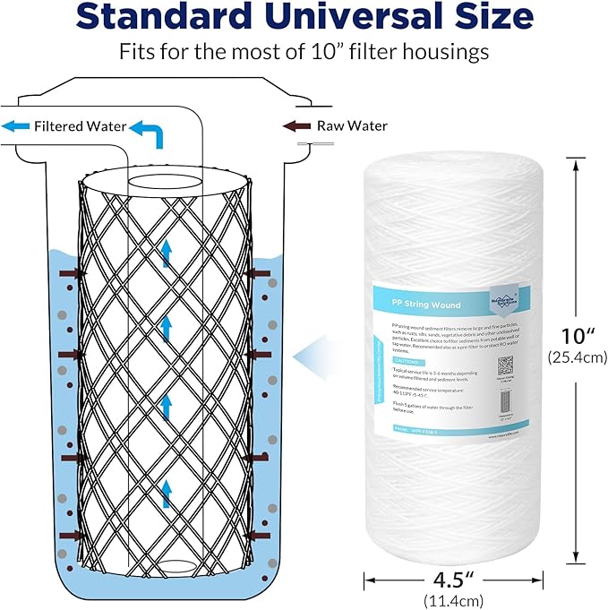 Membrane Solutions 5 Micron 10""x4.5"" String Wound Whole House Water Filter Replacement Cartridge Universal Sediment Filters for Well Water - 4 Pack, WPP-F10B-5