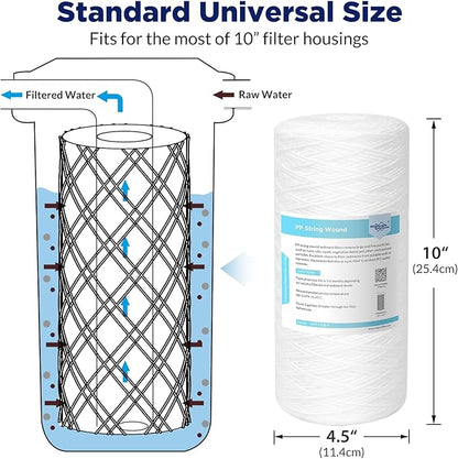 Membrane Solutions 5 Micron 10""x4.5"" String Wound Whole House Water Filter Replacement Cartridge Universal Sediment Filters for Well Water - 4 Pack, WPP-F10B-5