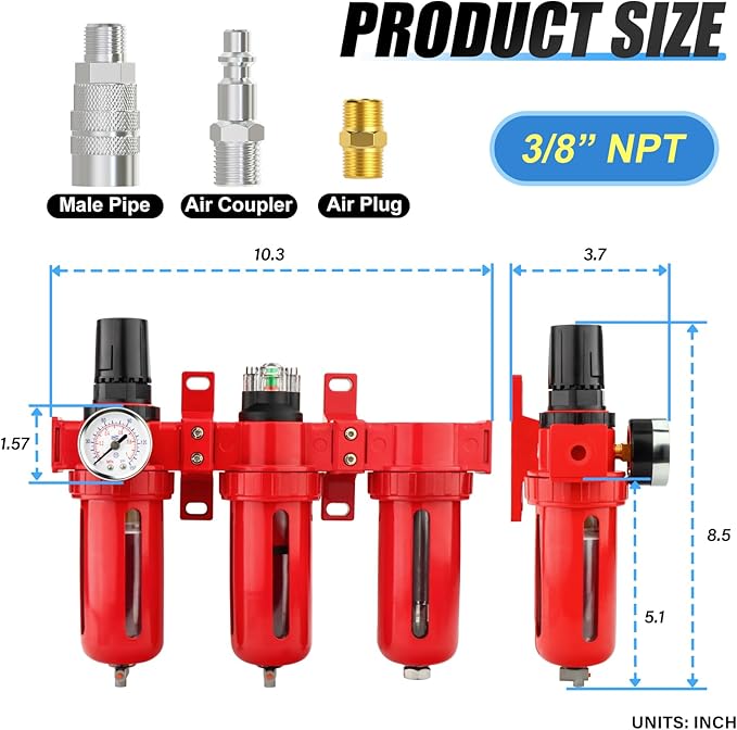 3/8" NPT 3 Stage Aluminium Air Drying System,Coalescing Filter, Particulate Filter, Desiccant Dryer and Air Regulator, Manual Drain, Mid Flow, For Plasma Cutter and Paint Spray