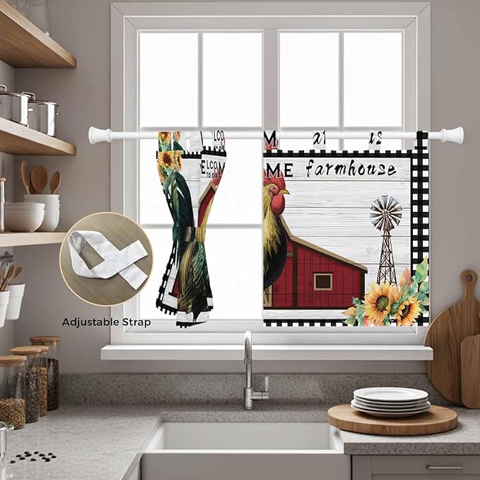 Farmhouse Rooster Kitchen Curtains 36 Inch Length, Small Window Curtains Tab Top, Rustic Red Barn Windmill Sunflowers Light Filtering Short Window Treatments Tier Drapes 27.5"x36" 2 Panel