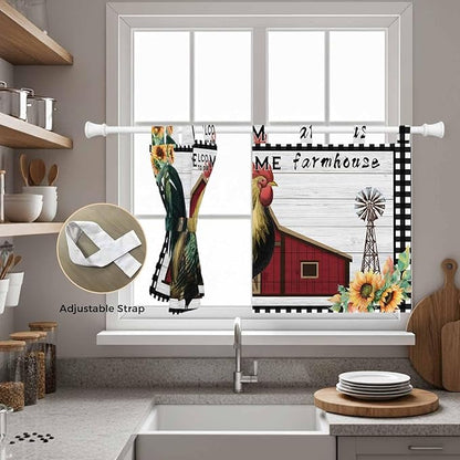 Farmhouse Rooster Kitchen Curtains 24 Inch Length, Small Window Curtains Tab Top, Rustic Red Barn Windmill Sunflowers Light Filtering Short Window Treatments Tier Drapes 27.5"x24" 2 Panel