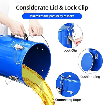 8 Gal Fryer Grease Bucket, Steel Oil Disposal Container with Rust-Proof Coating, Safety Lid & Lock Clips & Filter Bag for Cooking Grease Storage & Transport,Blue