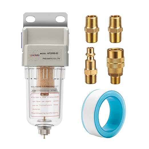 Air Compressor Water Separator 1/4”NPT,Compressed Air Line Filter,Air Dryer for Compressor AF2000-02,5 Micron Brass Element,Manual Drain,Bracket