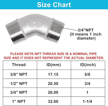 45 Degree Elbow 2PCS, 3/4" NPT Male X 3/4" NPT Male 304 Stainless Steel Pipe Fitting, Connector Coupler Apply to Outdoor/Garden/Industrial