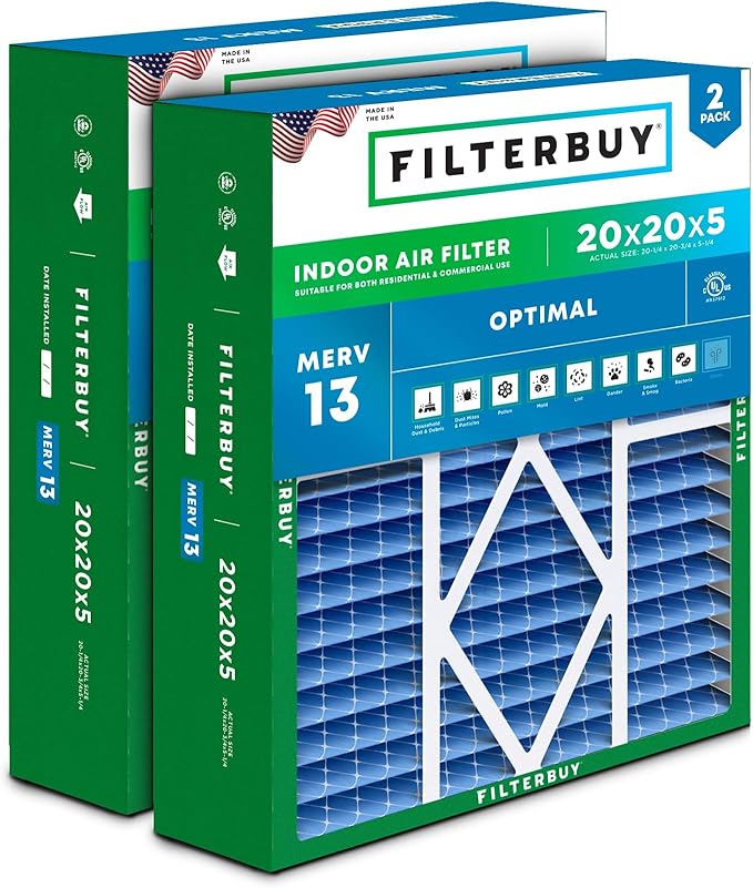Filterbuy 20x20x5 Air Filter MERV 13 Optimal Smoke & Allergy Defense (2-Pack), Pleated HVAC AC Furnace Filters for Amana, Coleman, Goodman, Maytag, York, and More (Actual Size: 20.25 x 20.75 x 5.25)