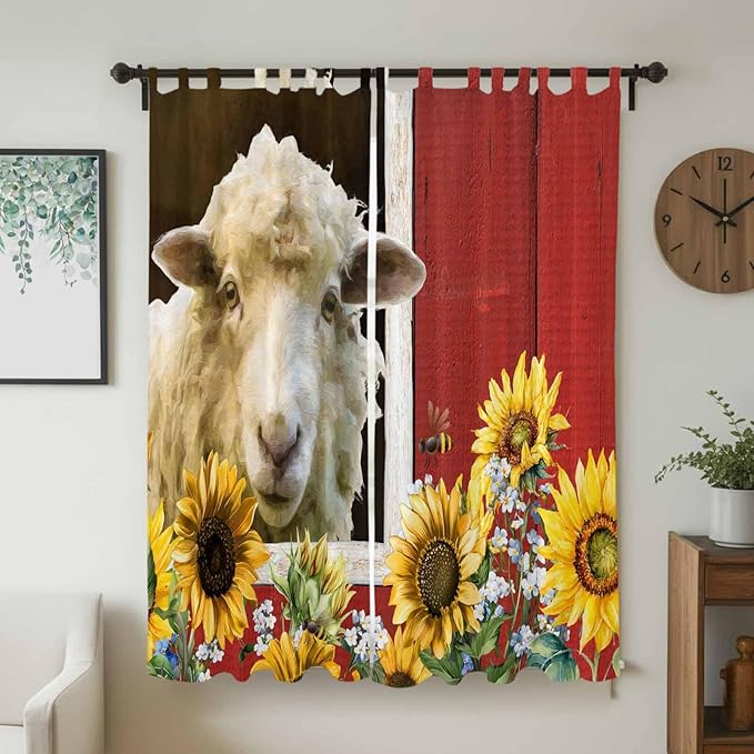 Sheep Flowers Living Room Curtains 84 Inch Length, Window Curtains Tab Top, Country Red Barn Botanical Sunflowers Light Filtering Window Treatments Drapes 52"x84" 2 Panel