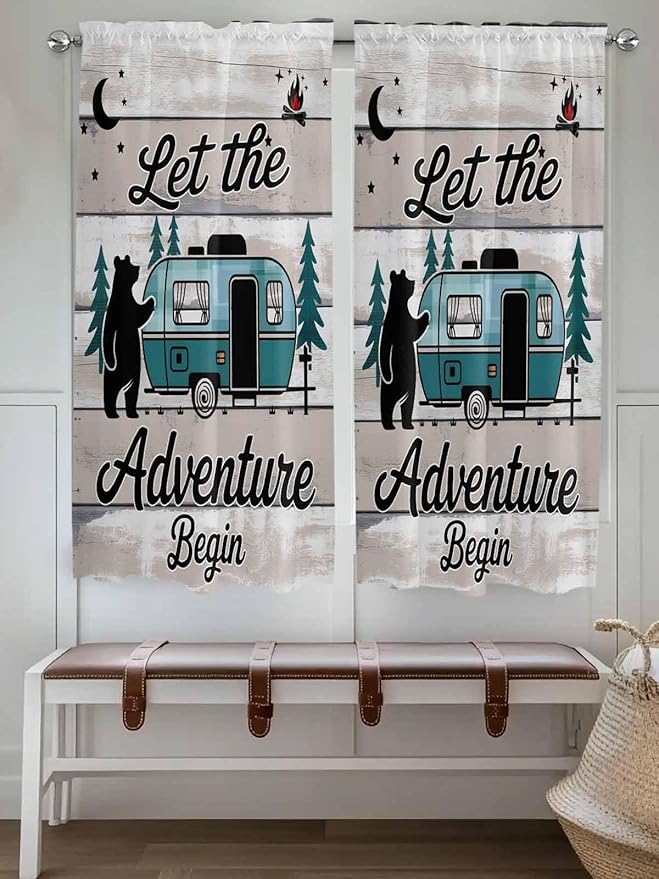 Farmhouse Bear Camper Van Tree Window Valance Curtains, Vintage Wood Grain Light Filtering Kitchen Valance with 3-inch Rod Pocket for Living Room Bathroom Bedroom,2 Panel,52x72In