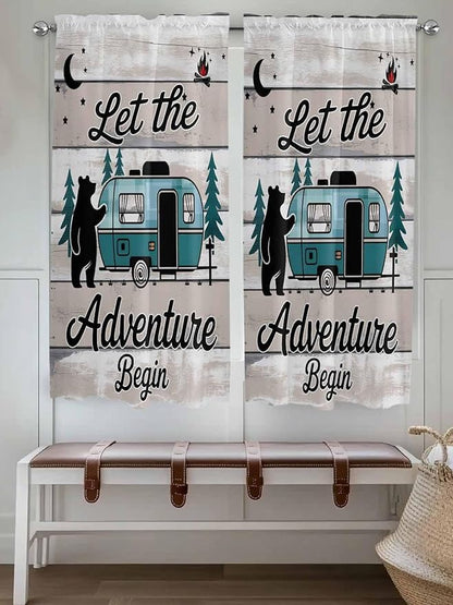 Farmhouse Bear Camper Van Tree Window Valance Curtains, Vintage Wood Grain Light Filtering Kitchen Valance with 3-inch Rod Pocket for Living Room Bathroom Bedroom,2 Panel,52x72In