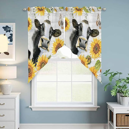 Retro Farmhouse Floral Swag Valances for Windows, Yellow Sunflowers Cows Butterfly Wood Rod Pocket Kitchen Curtains Valance, Small Window Curtains Swag for Cafe Living Room, 2 Panels, 36x36 inch