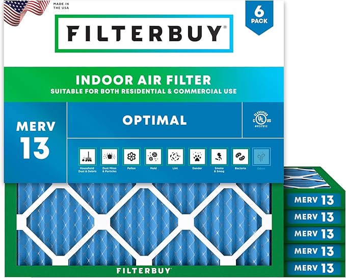 Filterbuy 23.5x23.5x1 Air Filter MERV 13 Optimal Smoke & Allergy Defense (6-Pack), Electrostatic Pleated HVAC AC Furnace Filters Replacement, Made in USA (Actual Size: 23.38 x 23.38 x 0.75)