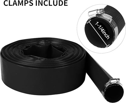 1-1/4" x 50 FT Pool Backwash Hose, Black Heavy Duty Reinforced PVC Lay Flat Water Discharge Hose