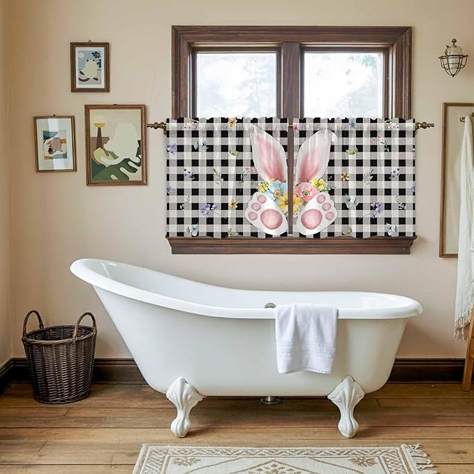 Easter Kitchen Tier Curtains 36 Inch Long 2 Panel Set,Rod Pocket Half Window Curtains Over Sink,Spring Rabbits Ears Feet Wildflowers Black Plaid Light Filtering Short Drapes Cafe 27.5"W x 36"L