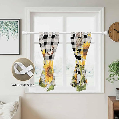 Sunflowers Bedroom Curtains 63 Inch Length, Window Curtains Tab Top, Yellow Flowers Butterfly Farmhouse Black Plaid Light Filtering Window Treatments Drapes 42"x63" 2 Panel