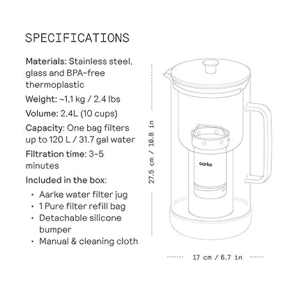 Aarke Purifier Glass Water Pitcher, Refillable Stainless Steel Filter, 8-Weeks Performance, BPA-Free, Dishwasher Safe, Pure & Enriched Refill Granules, 1.18L (5 Cups) Capacity