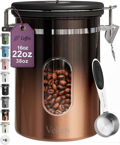 Veken Coffee Canister with Window,Airtight Stainless Steel Kitchen Food Storage Container, Date Tracker & Scoop for Grounds Coffee, Beans, Tea,Flour,Cereal,Sugar,22OZ,Copper