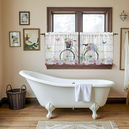 Spring Tier Curtains, Bicycles Botanical Rose Leaves Butterfly Wood Grain Light Filtering Kitchen Curtains, 2Pcs Rod Pocket Half Window Treatments Panels for Sink Cafe Cabinet Camper 27.5x24 Inches