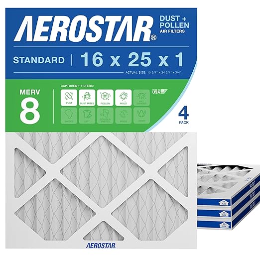 Aerostar 16x25x1 MERV 8 Air Filter, 4 Count, ACTUAL SIZE (15.75 x 24.75 x 0.75), HVAC, Air Conditioning & Furnace Filter Captures Dust, Lint & Pollen (MPR 600 / FPR 5), Made in USA