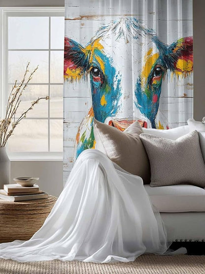Sheer Curtains 72 Inches Long, Rustic Cow Semi Sheer Curtains Light Filtering Window Treatment, Vintage Colorful Animals Art Wooden Grain Privacy Voile Drapes for Living Room Bedroom 52x72 Inch