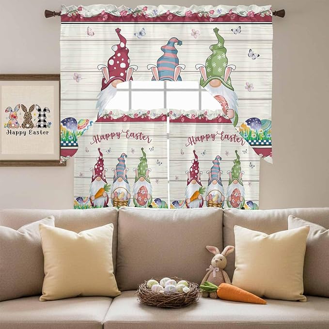 Swag Valance Curtains, Happy Easter Gnomes with Eggs on Grass Rod Pocket Valances Swag Topper for Kitchen Windows, Spring Floral on Wood Barn Light Filtering Short Curtain for Bedroom Bathroom 56x36In