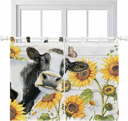 Retro Farmhouse Floral Kitchen Curtains 45 Inch Length, Short Cafe Window Curtains Tab Top, Yellow Sunflowers Cows Butterfly Wood Light Filtering Window Treatments Tier Drapes 27.5"x45" 2 Panel